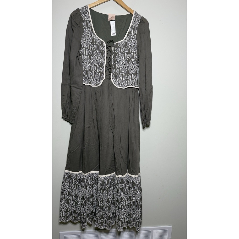 Scrap-Work Boutique Lace Up Corset Maxi Dress M  Gray Eyelet Boho Renaissance